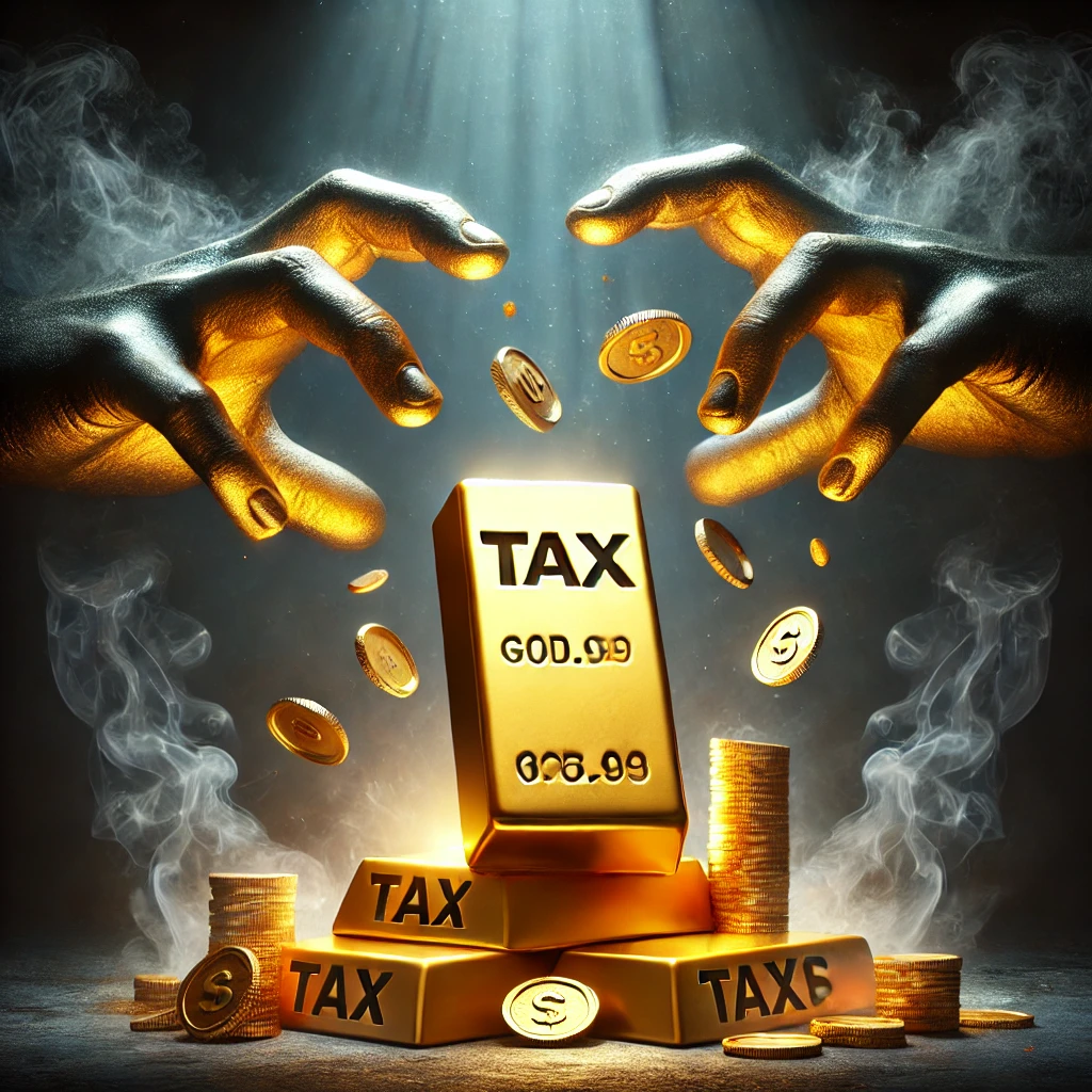 빛나는 금괴가 받침대 위에 있지만, 'TAX'라고 적힌 그림자 손들이 금을 깎아내고 있으며, 금화들이 허공으로 떠오르며 사라지는 모습입니다.