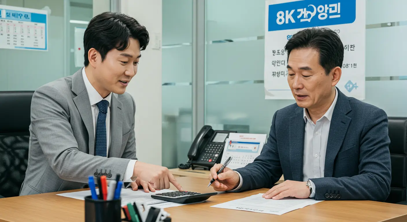 금융 전문가와 함께 방공제를 적용한 정확한 아파트 담보대출 한도를 확인하고 안심하는 모습