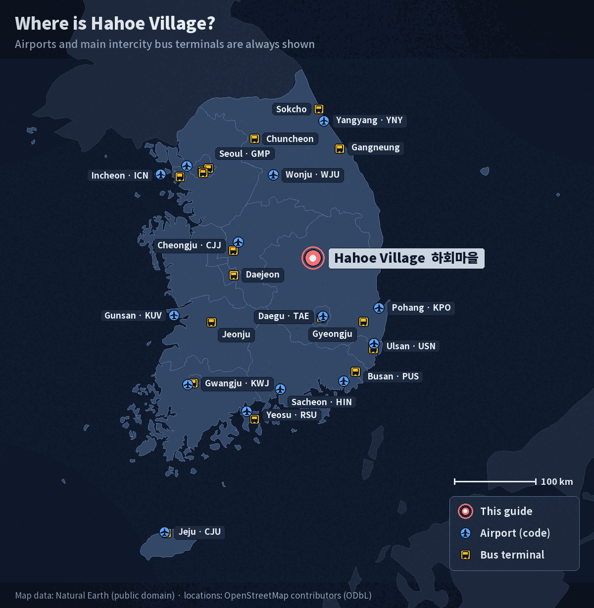 Map of South Korea with Andong Hahoe Folk Village marked, showing Korea's airports and main intercity bus terminals