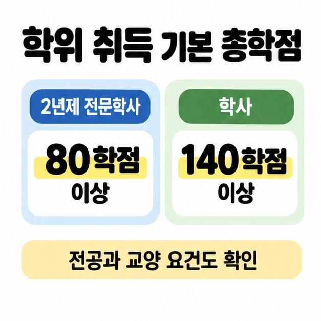2년제 전문학사 80학점 이상과 학사 140학점 이상의 기본 총학점을 비교하고 전공 및 교양 요건 확인을 안내한 도식
