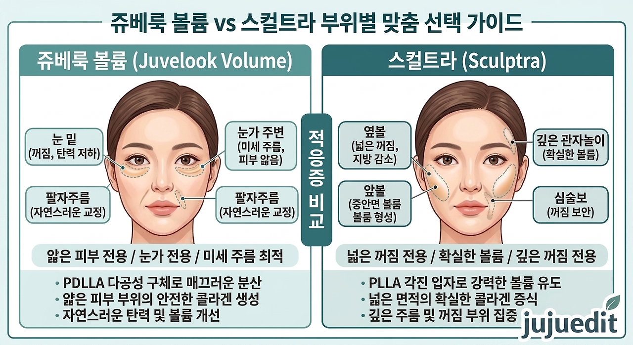 쥬베룩 볼륨(눈밑, 팔자주름, 미세 주름)과 스컬트라(옆볼, 앞볼, 심술보) 부위별 맞춤 선택 가이드 및 적응증 비교