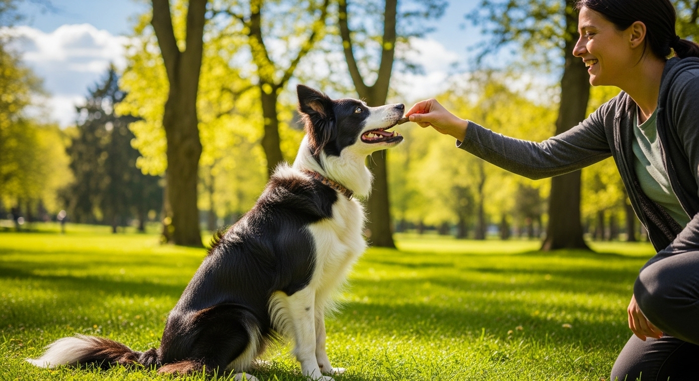 긍정 강화를 통해 '앉아' 훈련을 하는 강아지와 보호자