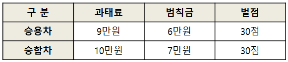 버스전용차로 과태료, 범칙금, 벌점 표