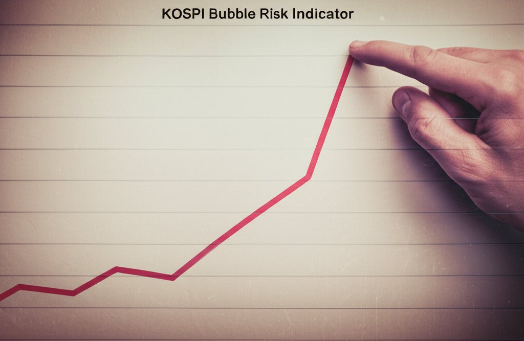 코스피 버블 위험 지표가 극단적인 수준으로 치솟은 빈티지 주식 차트, 아날로그 필름 감성, 따뜻한 빈티지 분위기