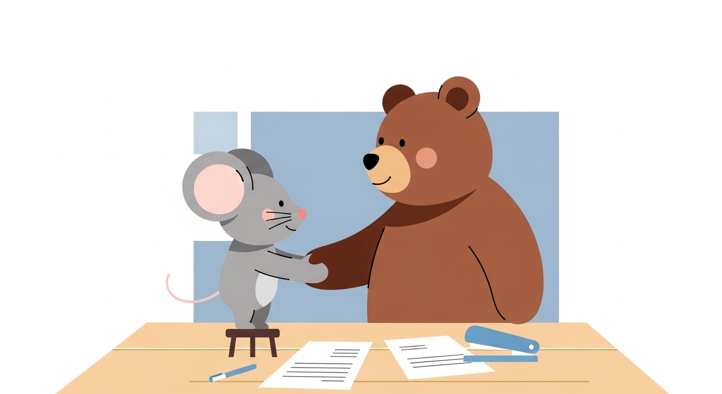 따뜻한 사무실에서 곰 캐릭터와 악수하며 파트너십을 맺는 쥐 캐릭터 일러스트