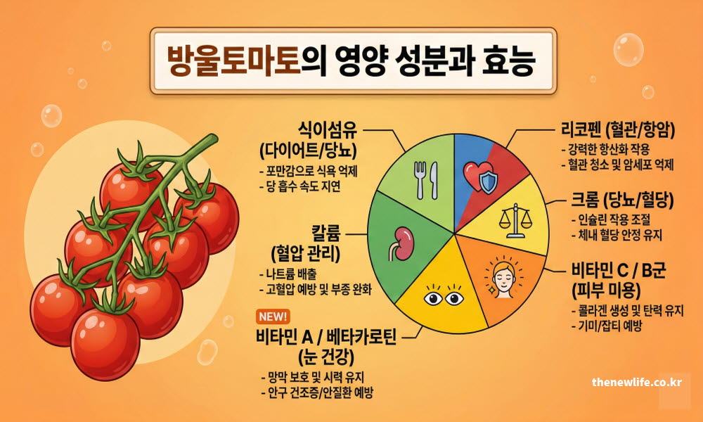 방울토마토의 효능을 뒷받침하는 주요 영양 성분을 정리한 도표 이미지