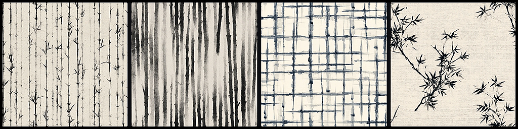 수묵 대나무 잎이 반복되는 심리스 텍스타일 원단 패턴 디자인 _Midjourney