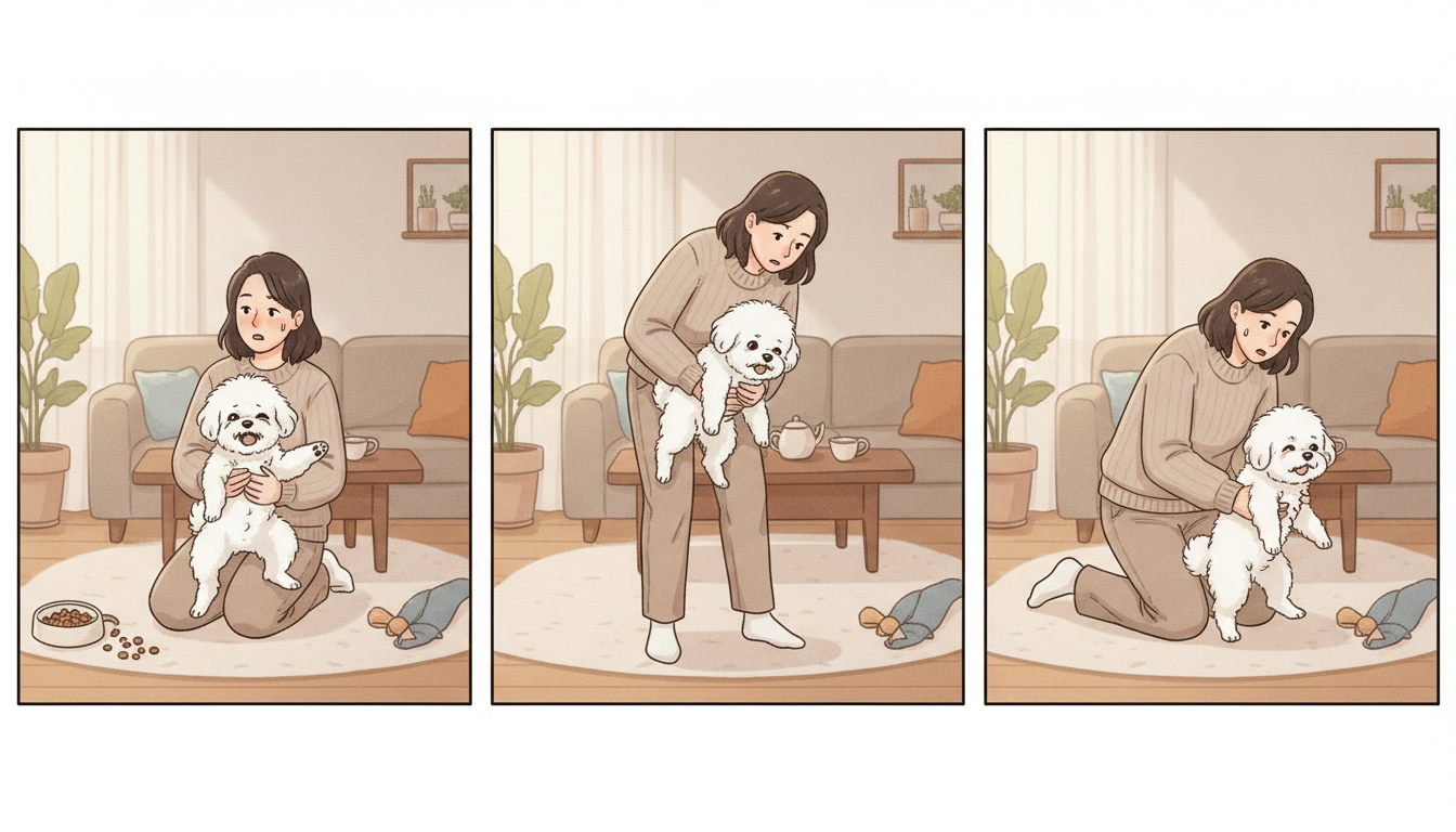 반려견이 질식할 때 하임리히법을 시연하는 한국인 보호자의 3단 이미지. 응급 상황 대처법 교육.