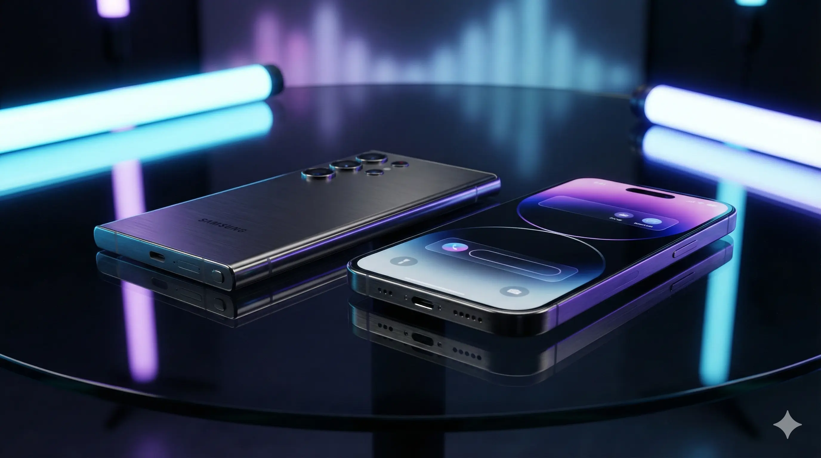 네온 조명 아래 놓인 삼성 갤럭시 S26 울트라와 애플 아이폰 17 프로 맥스의 측면 디자인 비교 사진. 슬림해진 갤럭시의 티타늄 프레임과 아이폰의 카메라 컨트롤 버튼이 강조된 고해상도 렌즈 구성 이미지.