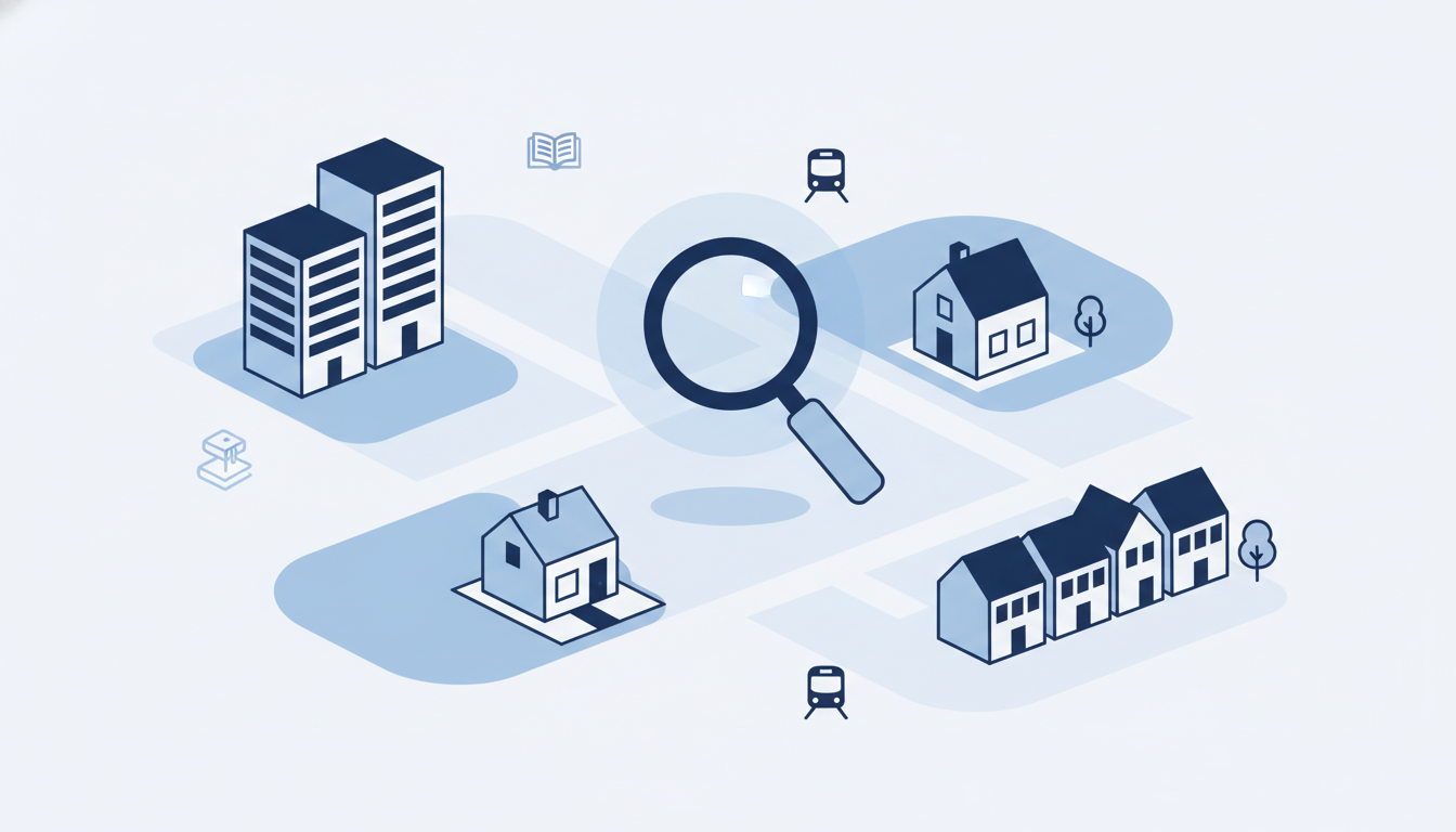 연봉 5천만원 직장인이 지역별, 주택 유형별 적정 집값을 고려하여 집을 선택하는 모습 일러스트.