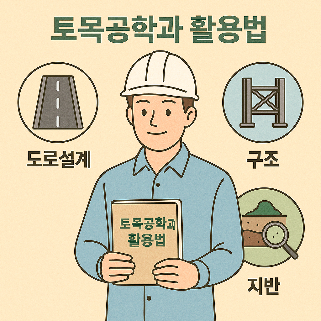 토목공학과 활용법을 주제로 도로설계, 구조, 지반 분야의 직무를 안전모를 쓴 공학도와 함께 표현한 일러스트 포스터