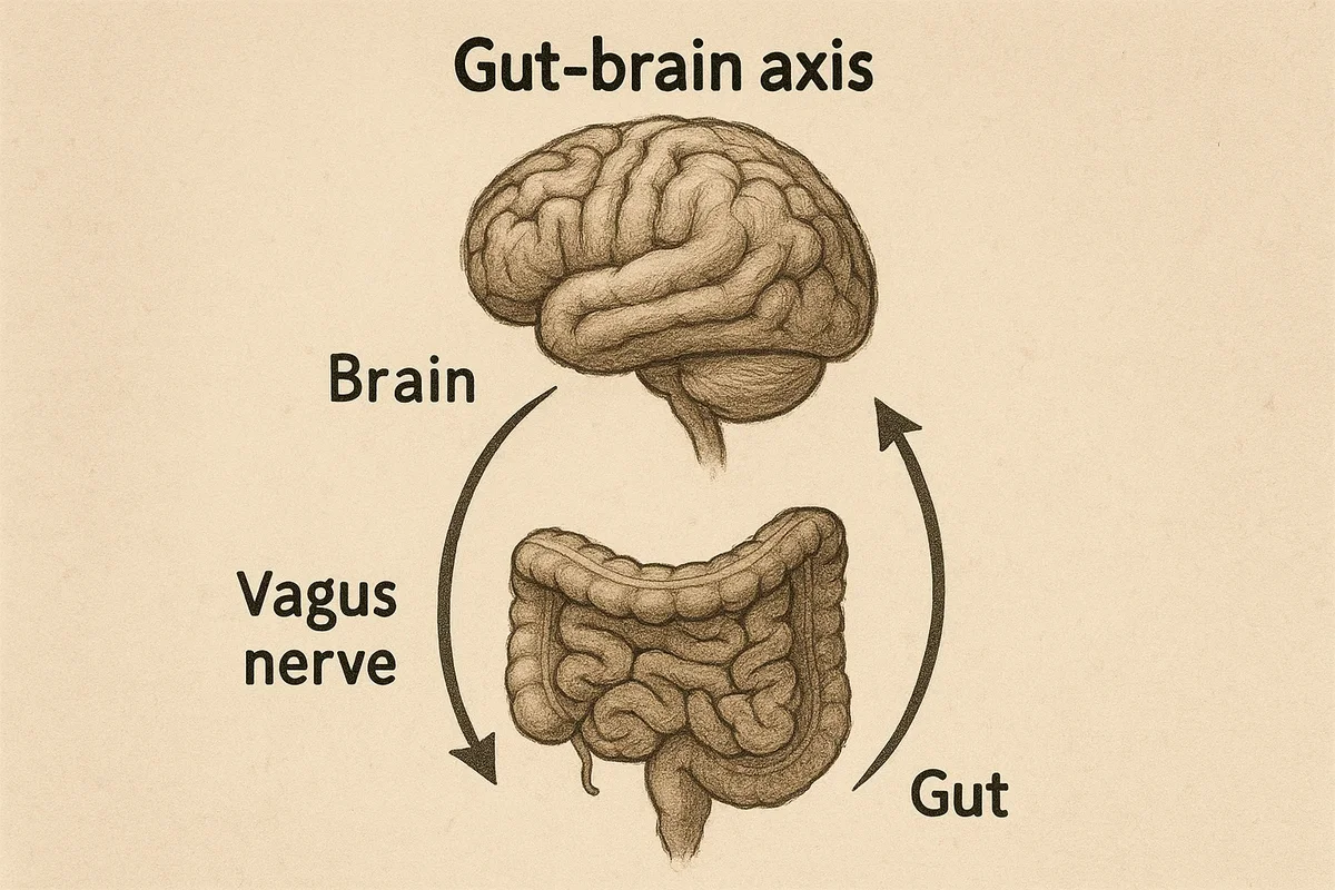 장과 뇌가 미주신경 등으로 연결되어 상호 소통하는 장-뇌 축 개념 설명 도식 - 장건강과 마음건강