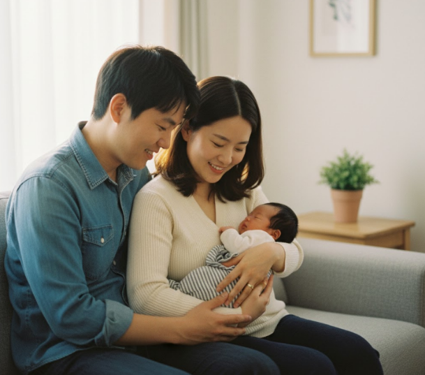 "따뜻하고 부드럽게 확산된 빛을 받은 한국인 부부와 신생아의 자연스럽고 감성적인 다큐멘터리 스타일 사진.