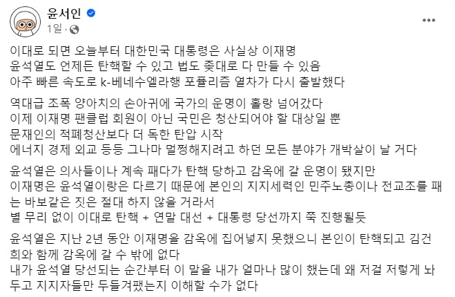 작가 윤서인 이재명 대통령 발언 이유