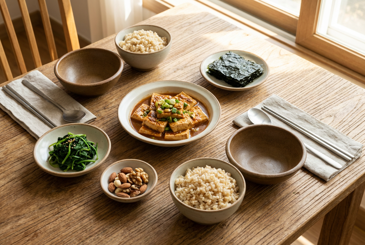 통곡물 밥, 시금치나물, 두부, 견과류가 함께 구성된 마그네슘 풍부한 한국 가정식 한 상
