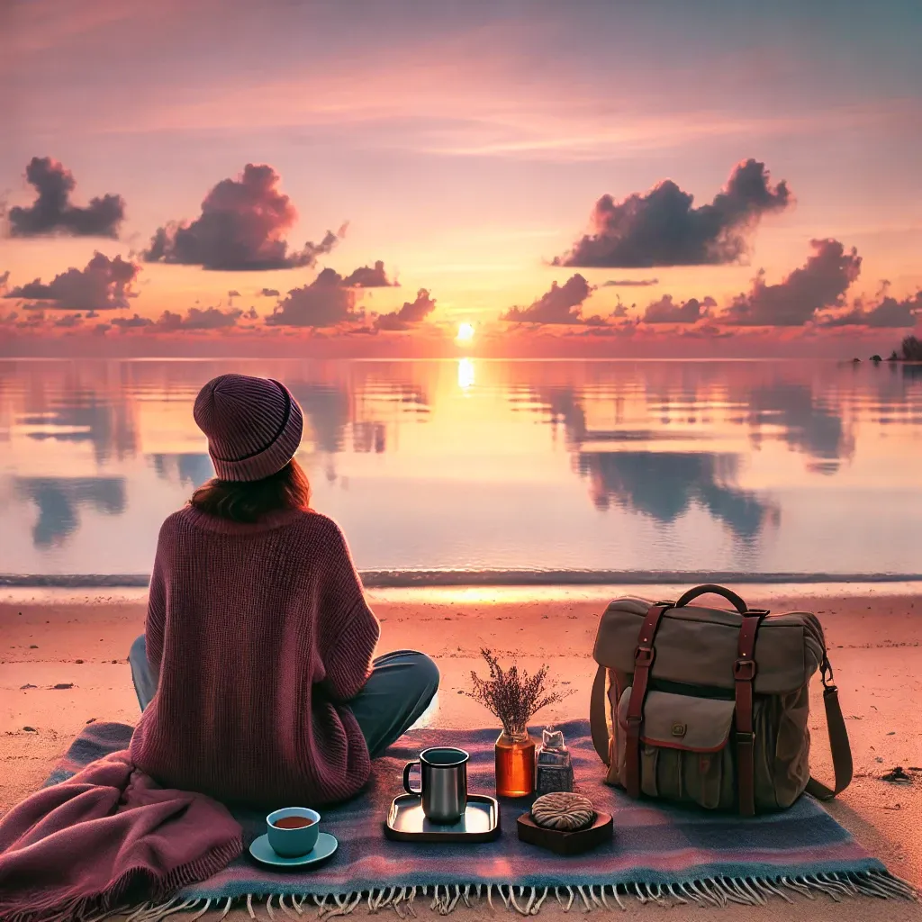 해변에서-커피를-들고-일출을-감상하는-사람의-모습