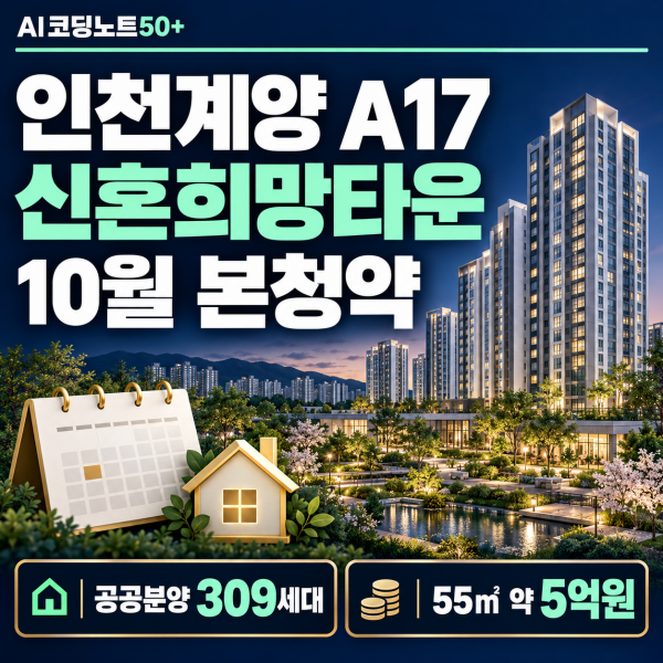 2026 인천계양 A17 신혼희망타운 본청약 309세대, 전용 55㎡ 평균분양가격 약 5억원과 10월 청약 일정 안내