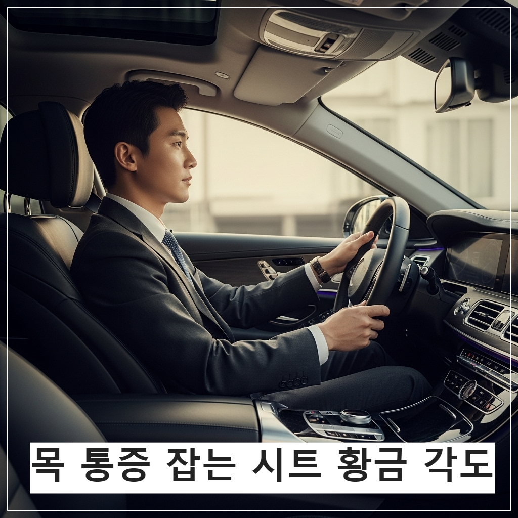 자동차 운전석 시트에 바른 자세로 앉아 정면을 응시하고 있는 성공적인 분위기의 한국인 남성 운전자. 허리와 목이 곧게 펴진 인체공학적 자세가 강조된 고화질 사진