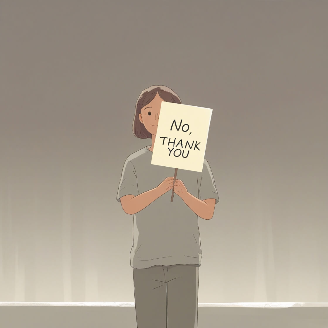 No, THANK YOU 가 적혀있는 팻말을 들고 있는 여성
