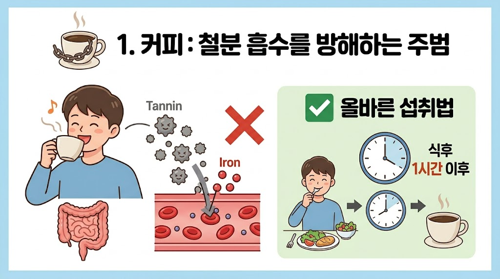 커피: "철분 흡수를 방해하는 주범"