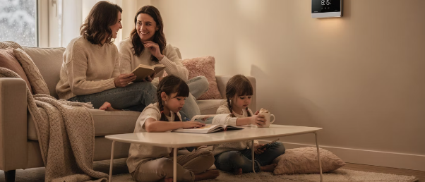 겨울철 온도조절기가 있는 따뜻한 거실에서 편안한 가족