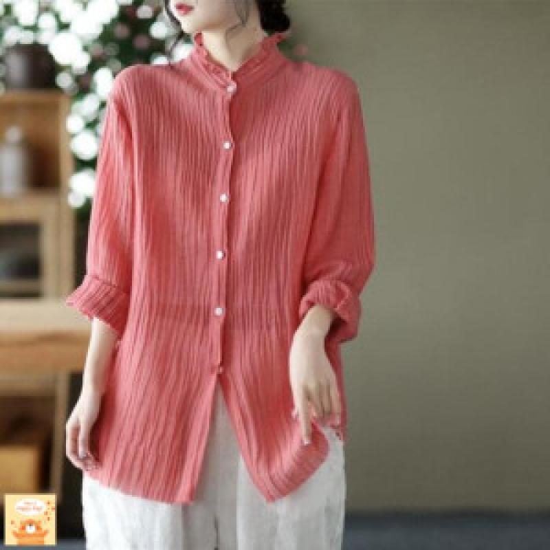 여자 셔링 무드 긴팔 목폴라 셔츠 얇은 빈티지 린넨