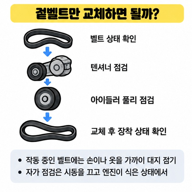 겉벨트와 텐셔너 아이들러 풀리를 함께 점검하는 과정을 정리한 이미지