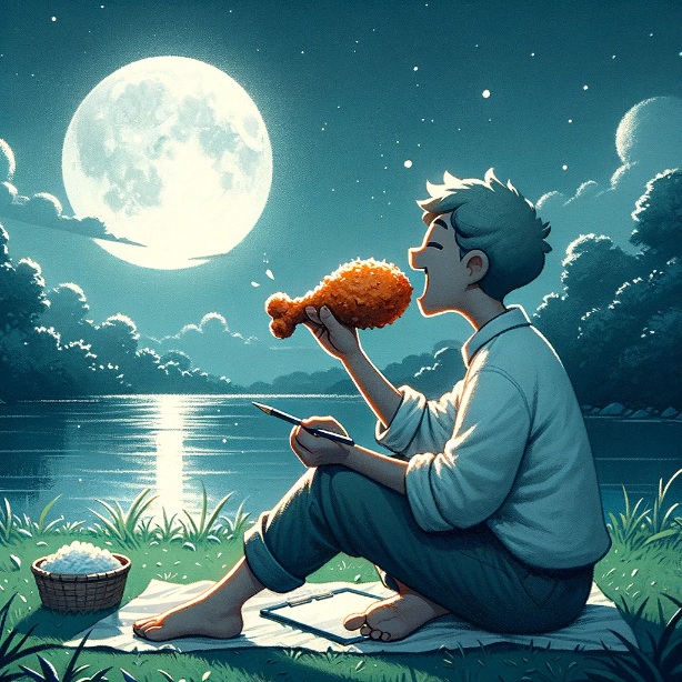 강가에서 닭다리를 먹고 있는 사람의 모습. 당모치를 설명한 사진