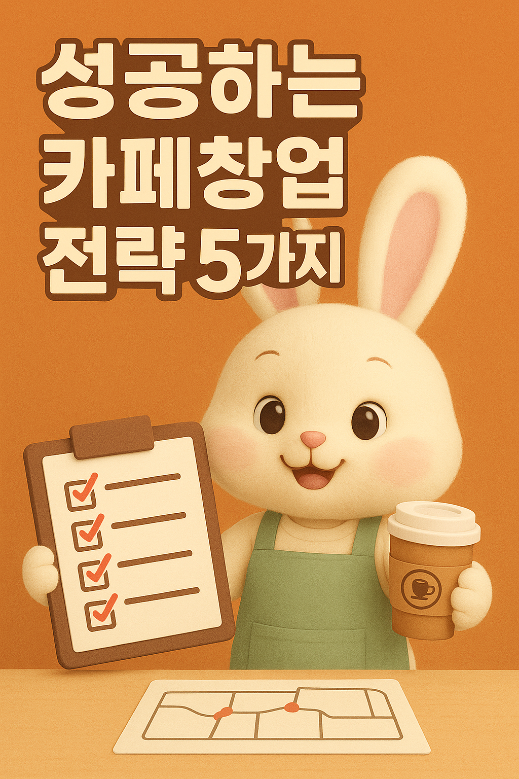 성공하는 카페창업 전략 5가지를 설명하는 토끼 캐릭터