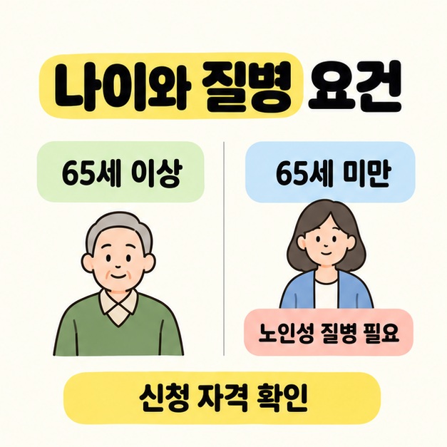나이와 질병 요건이라는 제목 아래 65세 이상과 65세 미만을 나란히 비교하고 65세 미만 쪽에 노인성 질병 필요를 표시한 신청 자격 안내