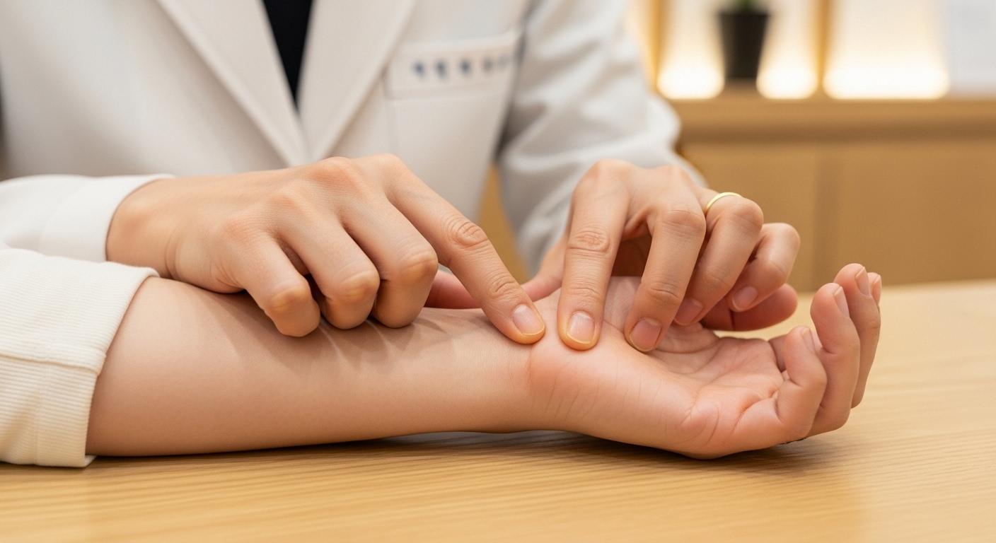 한의사가 환자의 손목에서 맥을 짚는 맥진(脈診) 장면, 전문적이고 섬세한 진료 과정을 보여줌.