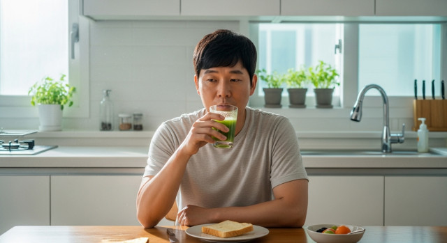 물 한 잔과 양배추즙 마시는 남성