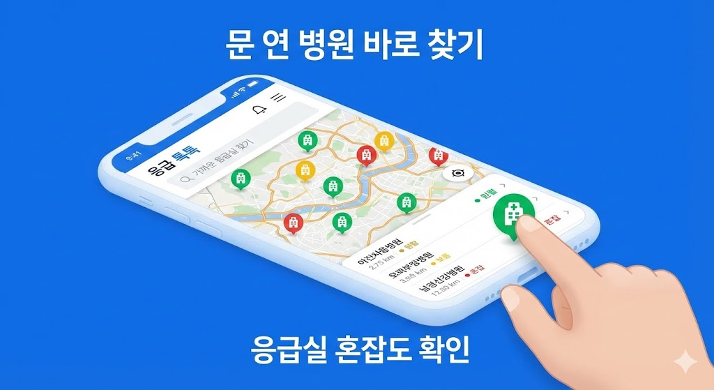 '응급 톡톡' 앱이 실행된 스마트폰 화면. 지도상에 병원 아이콘이 표시되어 있고, 각 병원의 응급실 혼잡도(원활, 보통, 혼잡)가 색깔로 구분되어 있는 모습. 한 병원을 선택하여 상세 정보를 확인하는 손가락의 모습도 포함.