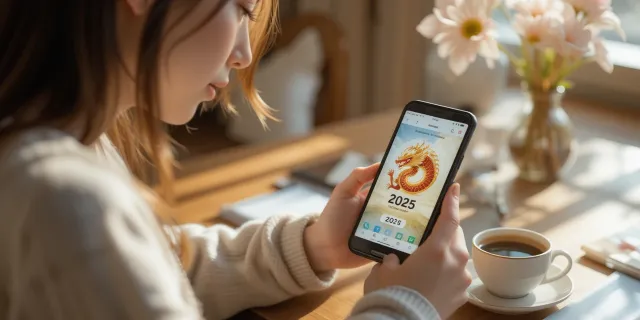 휴대폰으로 2025년 용띠 올해의 운세를 확인하는 모습
