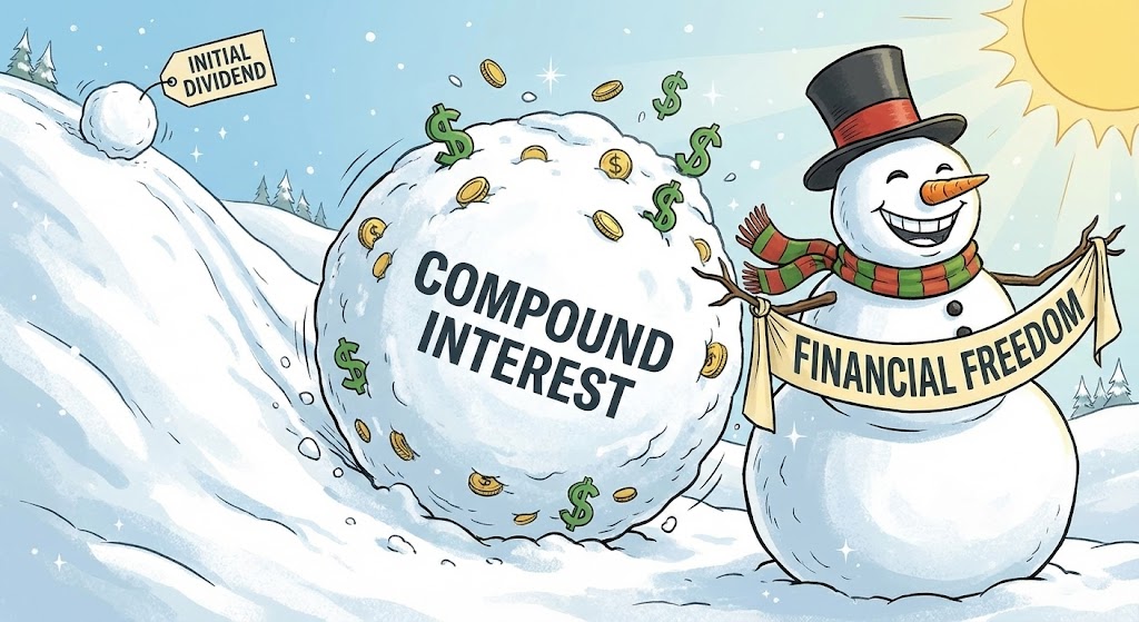 작은 눈덩이(초기 배당금)를 굴리기 시작했는데, 언덕을 내려오면서 점점 커져 거대한 눈사람(경제적 자유)이 되는 모습을 표현한 일러스트