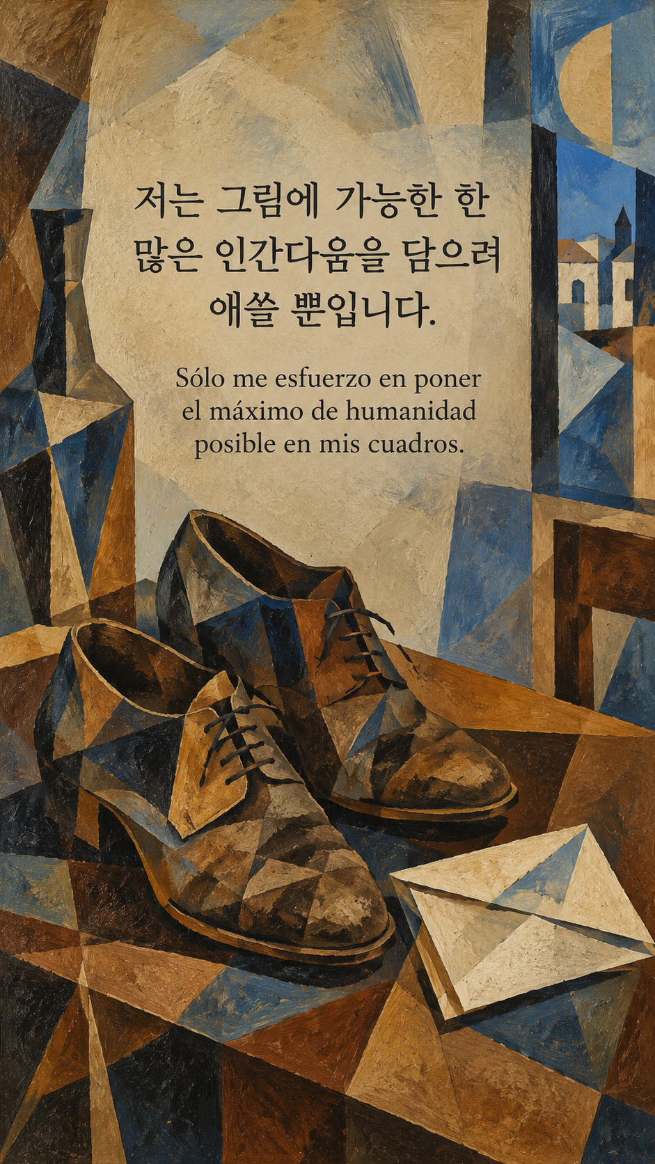 저는 그림에 가능한 한 많은 인간다움을 담으려 애쓸 뿐입니다. &mdash; 사람이 없는 오래된 구두 한 켤레와 접힌 편지, 온기 있는 갈색과 푸른색 입체파 정물