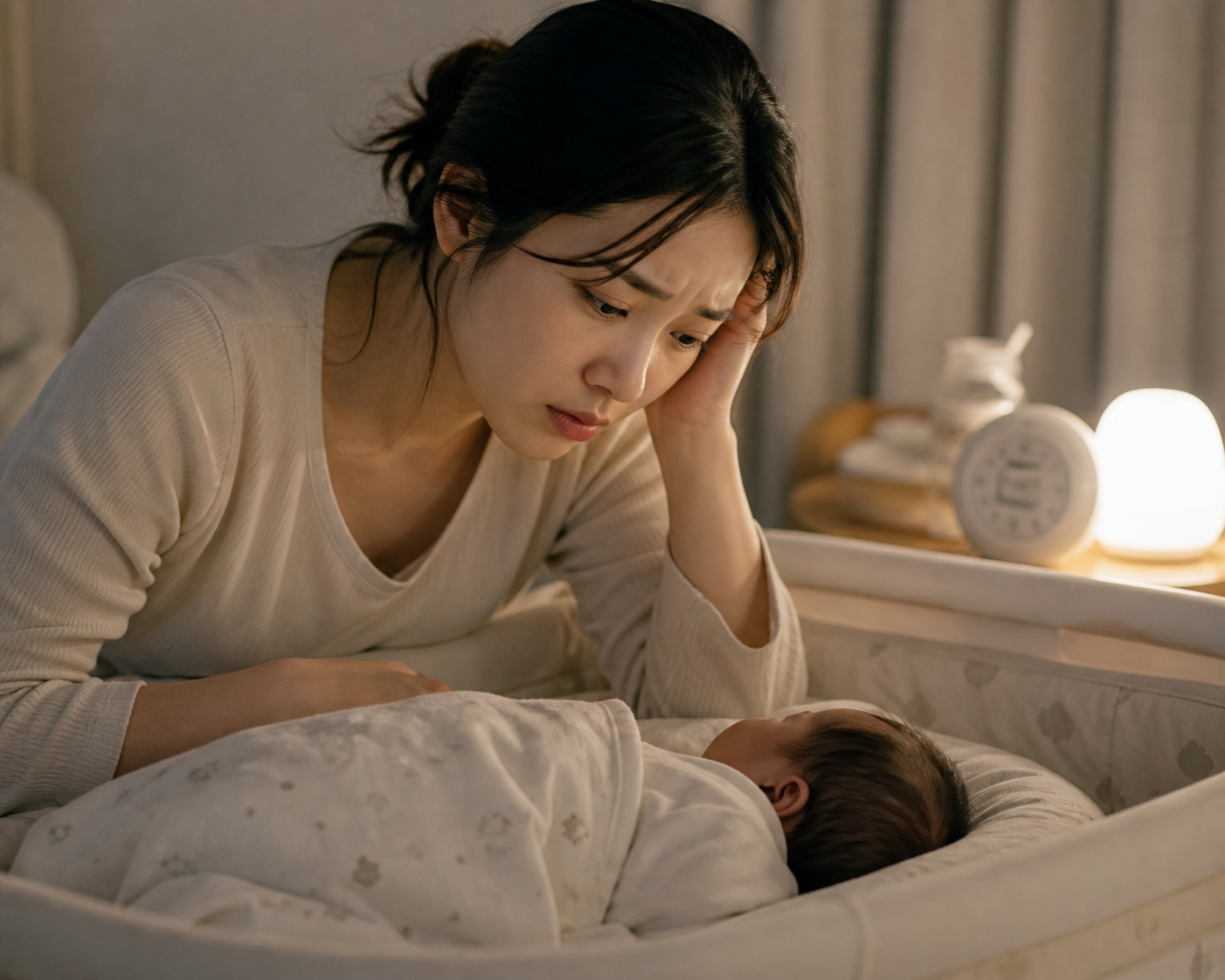 신생아를 바라보며 걱정하는 초보 엄마의 모습