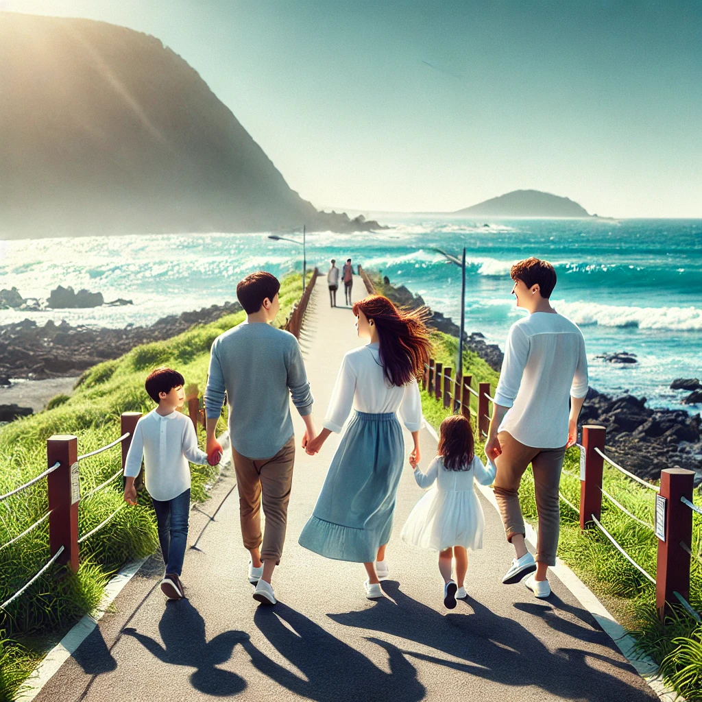 제주도의 푸른 바다를 배경으로 부모님과 함께 산책하는 가족의 모