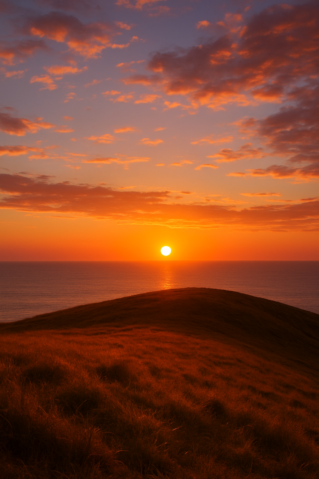 “붉게 물든 노을빛 바다와 언덕 위의 가을 풍경”