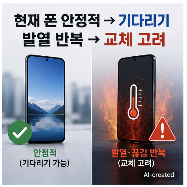 갤럭시 S26 기다리기와 S25 바로 구매 판단을 비교하는 이미지