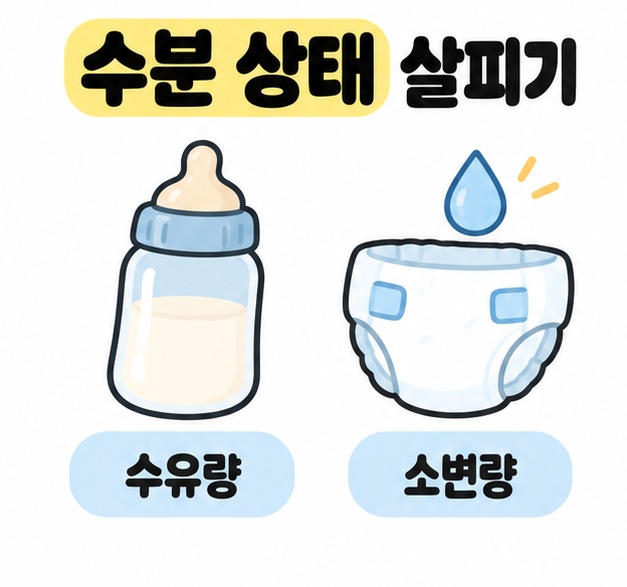 우유가 담긴 젖병의 수유량과 물방울이 표시된 기저귀의 소변량을 함께 살피는 이미지