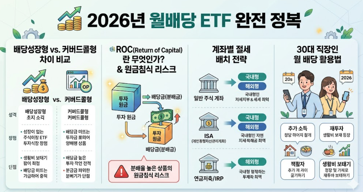 월배당 ETF, 배당성장형, 커버드콜형, ROC, 분배율 높은 상품 리스크, 계좌별 절세 배치 전략, 30대 직장인 월 배당 활용법