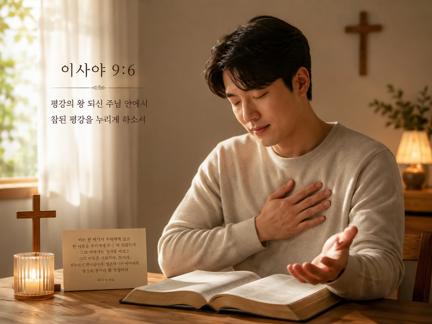 사9:6 말씀에서 하나님께서 보내신 아들&amp;#44; 예수 그리스도는 전능하시고 중보자가 되시며 영원하시고 평강의 왕이 되시는 분이십니다. 예수님께서 평강의 왕이시므로 모든 평강 중 가장 크고 진실된 평강을 가지신 분이십니다. 그러므로 나도 주님 안에서의 평강을 갖기를 사모하며 평강한 시간이 주님과 함께 얻고&amp;#44; 그 안에서 평강한 삶을 맛보는 시간이 되도록 기도하는 시간을 갖는 모습입니다.