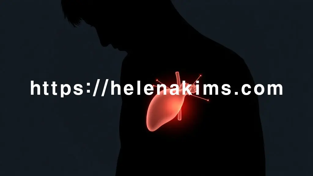 깊은 생각에 잠겨 지친 듯 고개를 떨군 사람의 옆모습 실루엣. 그 실루엣 가슴 안에 간의 형상이 투명하게 비치듯 은은히 빛나는 추상적인 간의 형상