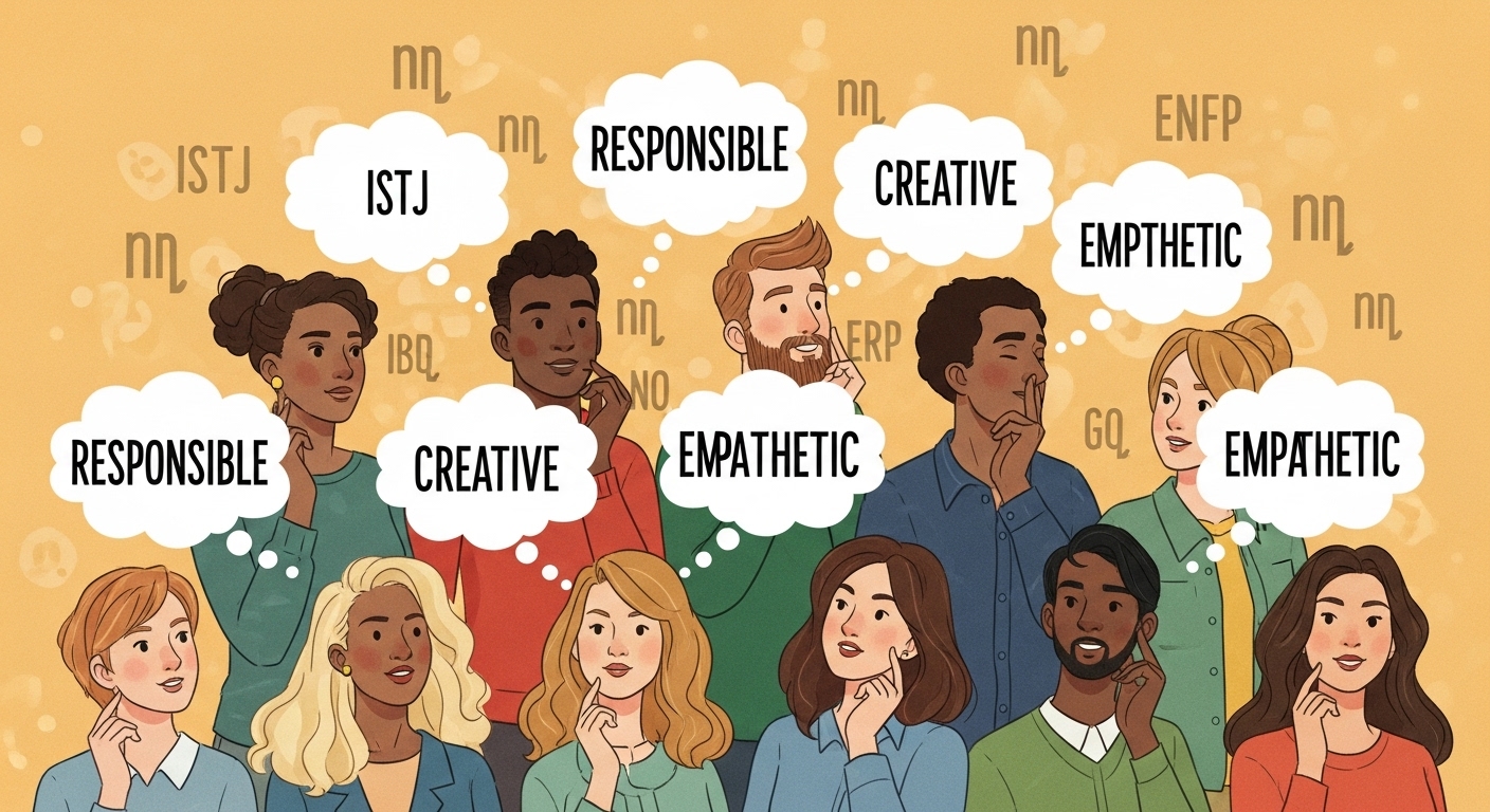 MBTI 유형 설명에 여러 사람이 보편적인 긍정적 특성에 고개를 끄덕이며 공감하는 삽화.