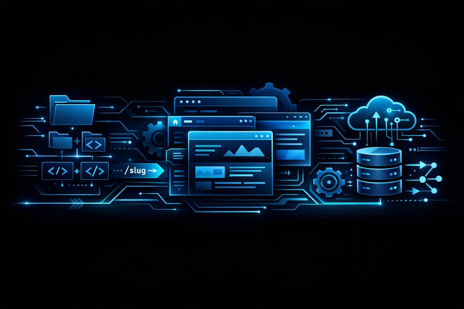 라우팅&middot;레이아웃&middot;API 흐름을 상징하는 모듈형 기술 일러스트
