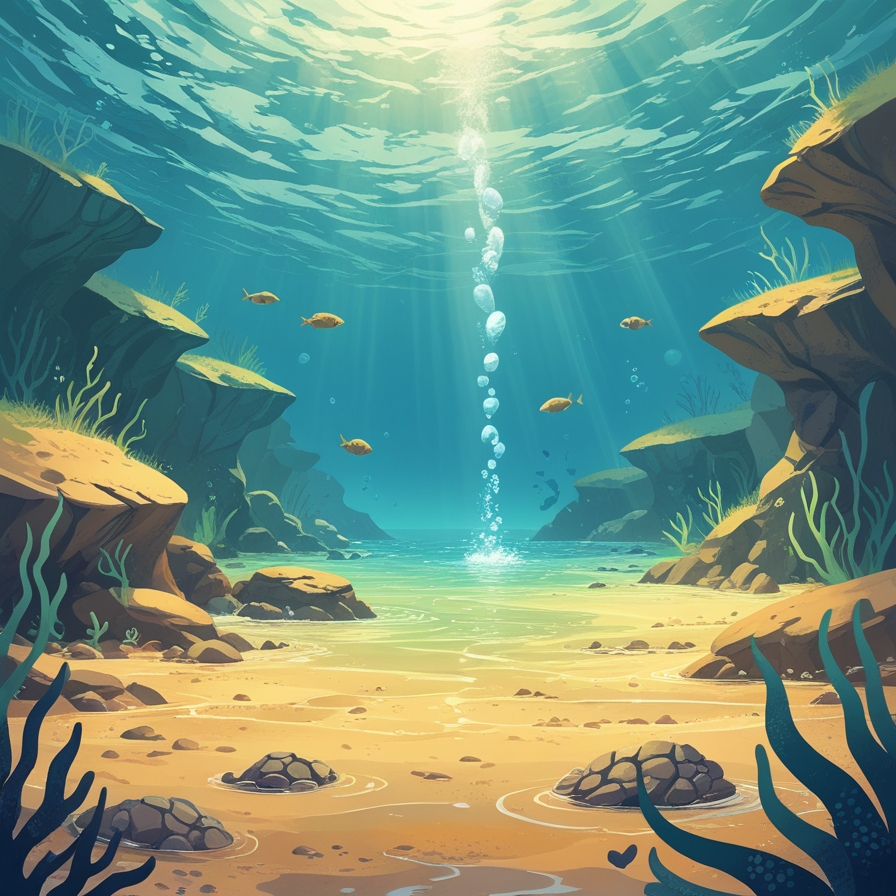 초기 지구의 바다에서 원시 생명체가 물속에서 보호받으며 등장하는 모습