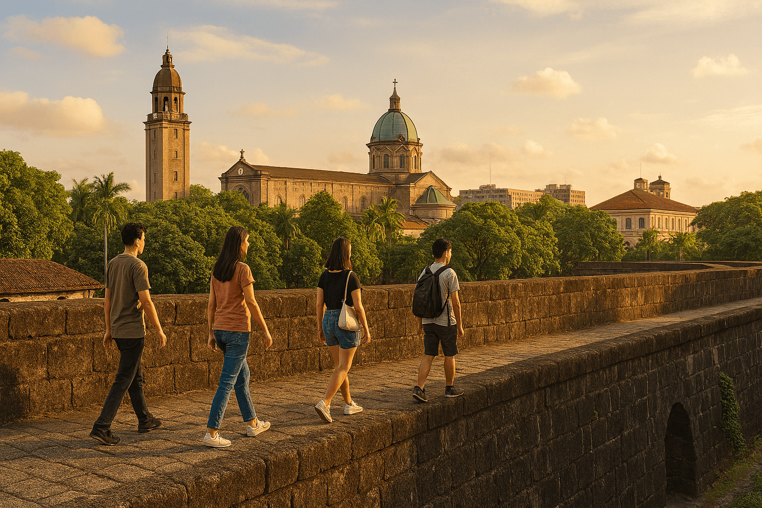 푸른 하늘 아래 견고하게 서 있는 마닐라 인트라무로스 성벽 위로 걷는 여행객들의 모습. 필리핀여행 중 역사를 체험하는 순간이다.
