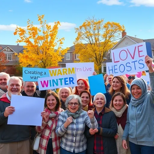 여러 세대의 주민들이 함께 모여 '따뜻한 겨울 만들기', '사랑온난방비 지원'과 같은 문구가 적힌 현수막을 들고 활짝 웃고 있는 모습입니다. 따뜻하고 희망찬 공동체의 분위기를 강조합니다.