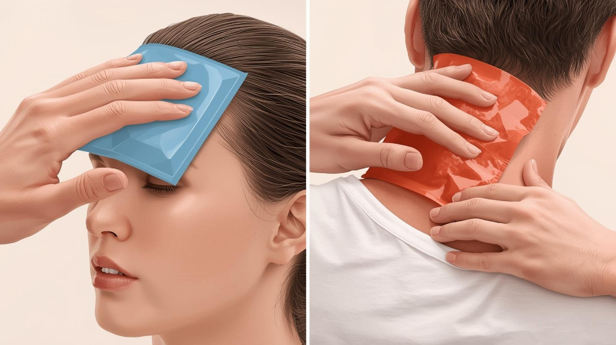 편두통에는 이마 냉찜질, 긴장성 두통에는 목&middot;어깨 온찜질을 권장하는 두 개의 카드형 안내 인포그래픽.
